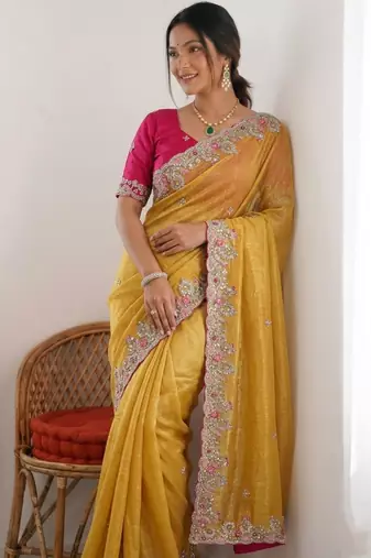 Yellow chiffon embroidered saree with sequins work