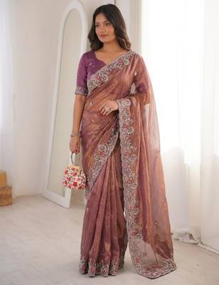 Onion pink chiffon embroidered saree with sequins work 1