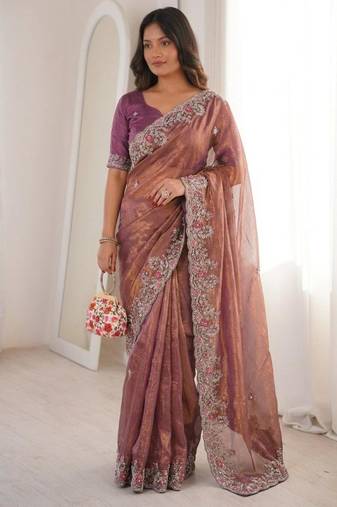 Onion pink chiffon embroidered saree with sequins work