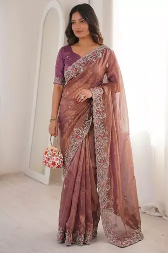 Onion pink chiffon embroidered saree with sequins work