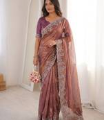 Onion pink chiffon embroidered saree with sequins work