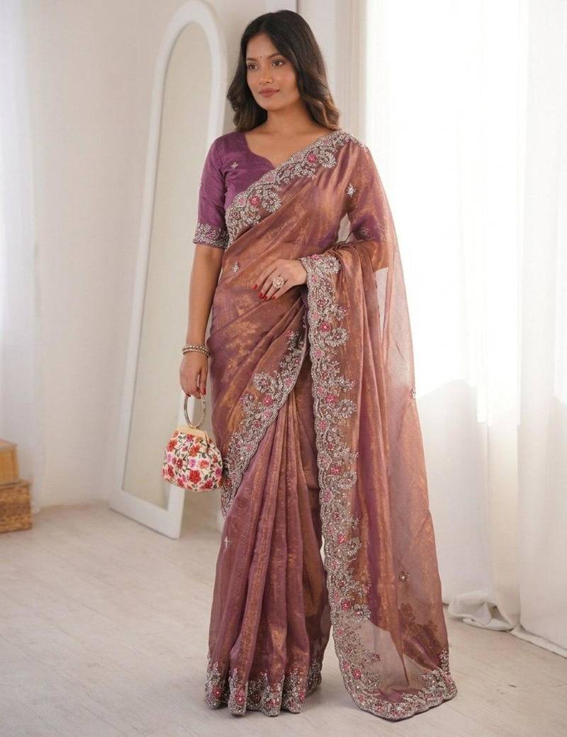 Onion pink chiffon embroidered saree with sequins work