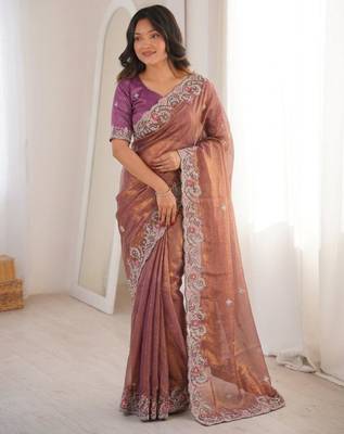 Onion pink chiffon embroidered saree with sequins work 2