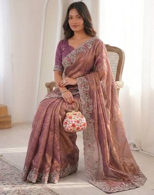 Onion pink chiffon embroidered saree with sequins work 3