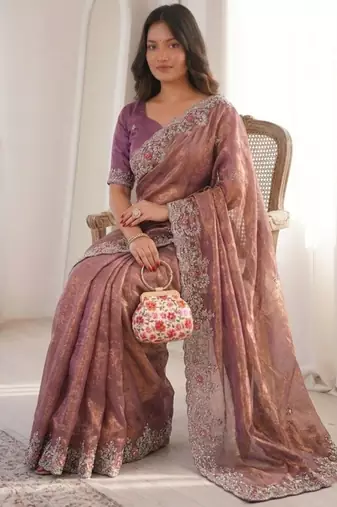 Onion pink chiffon embroidered saree with sequins work