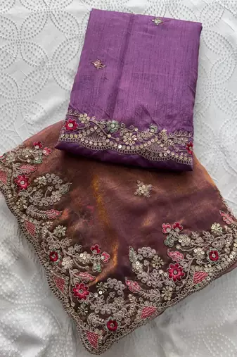 Onion pink chiffon embroidered saree with sequins work