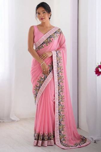 Pink georgette embroidered saree with thread work