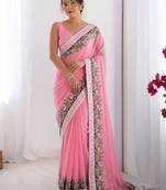 Pink georgette embroidered saree with thread work