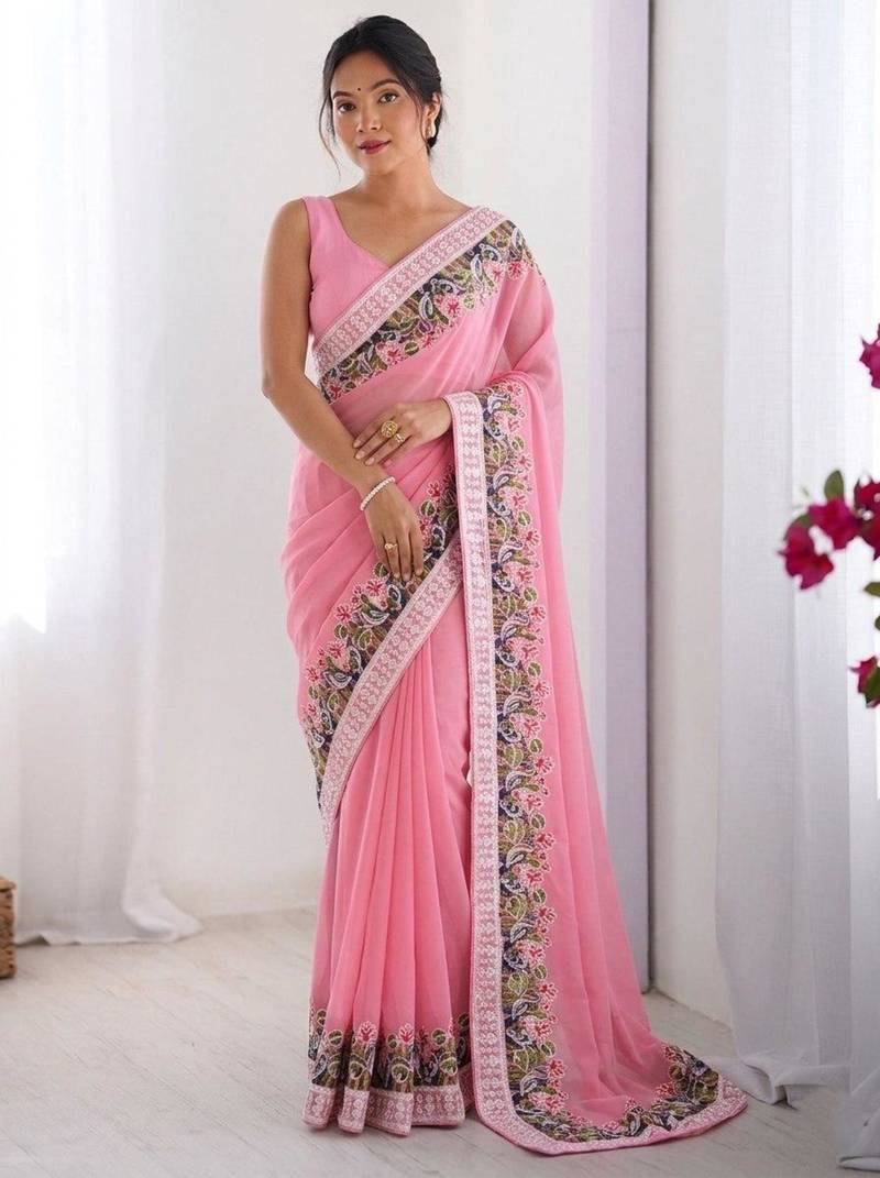 Pink georgette embroidered saree with thread work