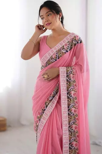 Pink georgette embroidered saree with thread work