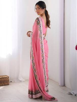 Pink georgette embroidered saree with thread work 3