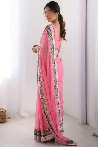 Pink georgette embroidered saree with thread work