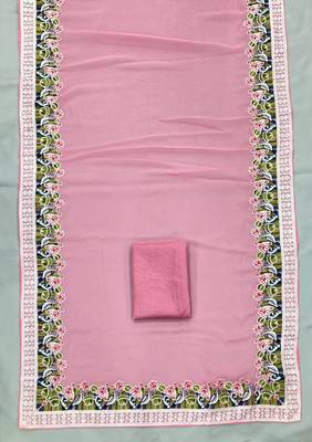 Pink georgette embroidered saree with thread work 4