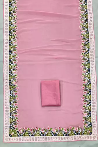 Pink georgette embroidered saree with thread work