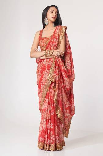 Pink organza floral printed saree with sequins work