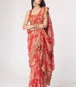 Pink organza floral printed saree with sequins work