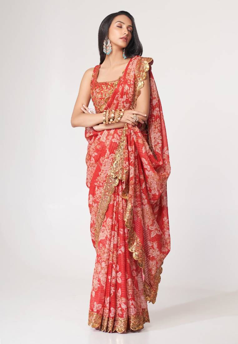 Pink organza floral printed saree with sequins work