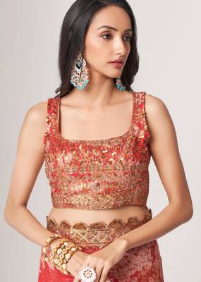 Pink organza floral printed saree with sequins work 2