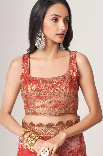 Pink organza floral printed saree with sequins work