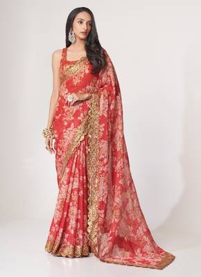 Pink organza floral printed saree with sequins work 3