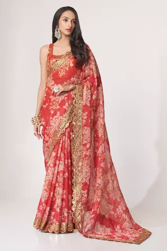 Pink organza floral printed saree with sequins work