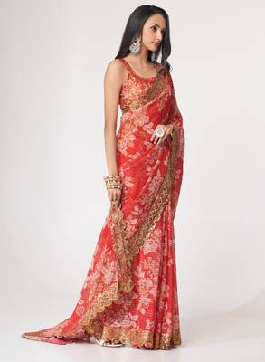 Pink organza floral printed saree with sequins work 4
