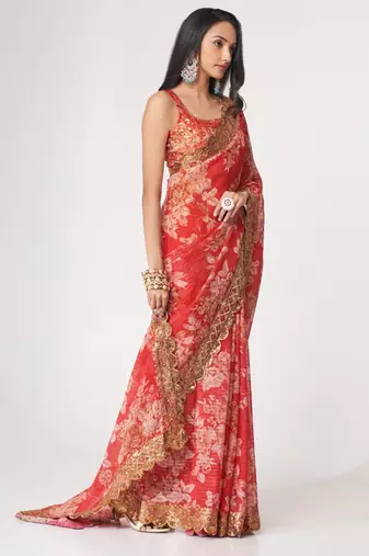 Pink organza floral printed saree with sequins work