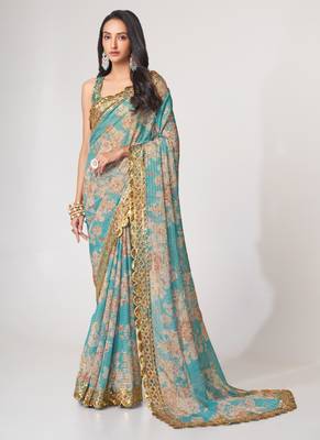 Sky blue organza printed saree with sequins work 1