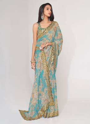 Sky blue organza printed saree with sequins work 2