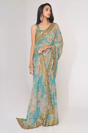 Sky blue organza printed saree with sequins work