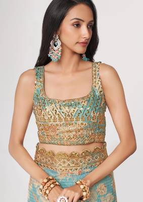 Sky blue organza printed saree with sequins work 3