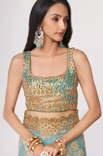 Sky blue organza printed saree with sequins work