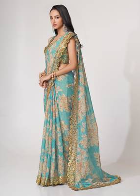 Sky blue organza printed saree with sequins work 4