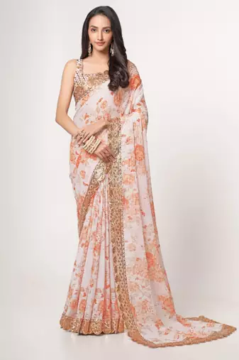 Off white organza printed saree with sequins work