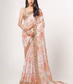 Off white organza printed saree with sequins work