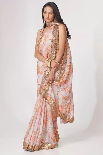 Off white organza printed saree with sequins work