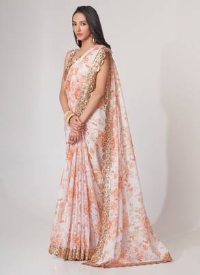 Off white organza printed saree with sequins work 4