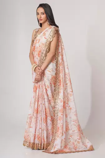 Off white organza printed saree with sequins work