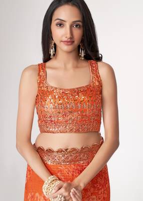 Orange organza printed saree with sequins work 3