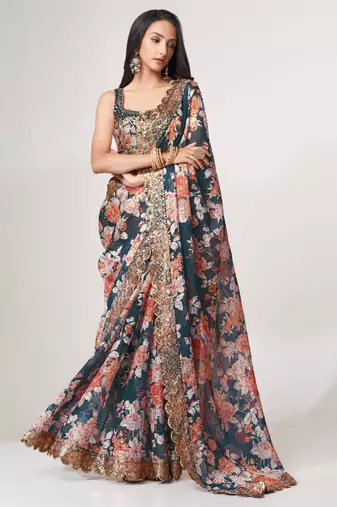 Teal organza printed saree with sequins work