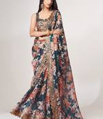 Teal organza printed saree with sequins work