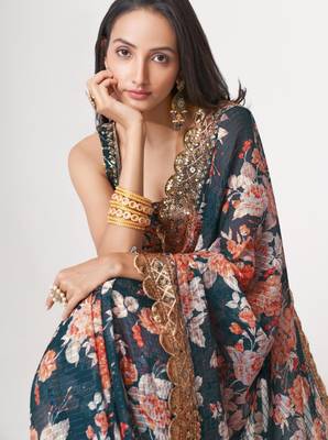 Teal organza printed saree with sequins work 2