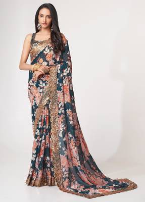 Teal organza printed saree with sequins work 3