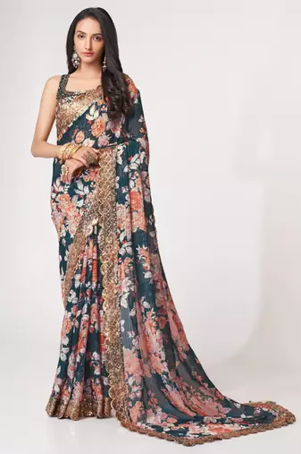 Teal organza printed saree with sequins work