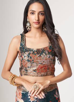 Teal organza printed saree with sequins work 4