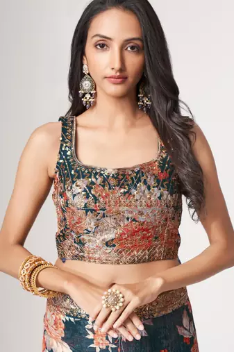 Teal organza printed saree with sequins work