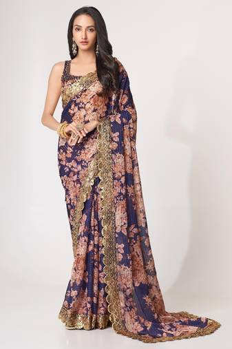 Blue organza printed saree with sequins work