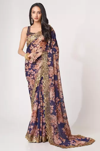 Blue organza printed saree with sequins work