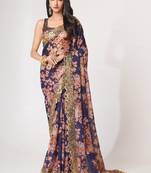 Blue organza printed saree with sequins work