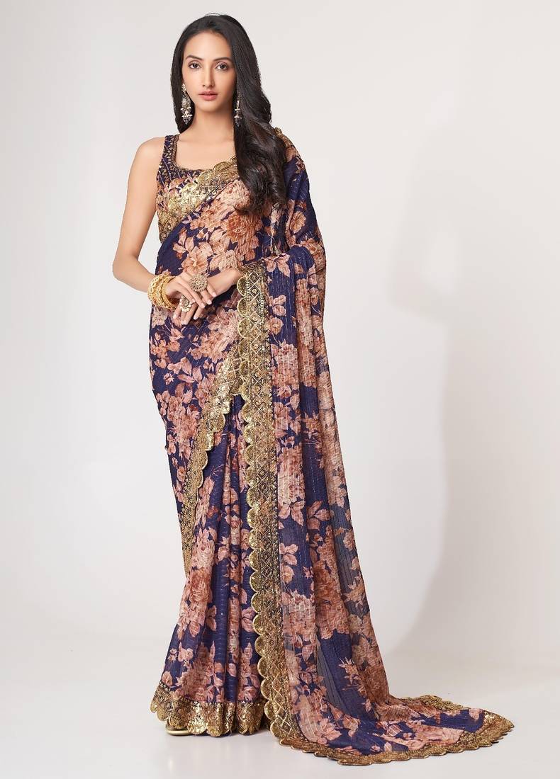 Blue organza printed saree with sequins work